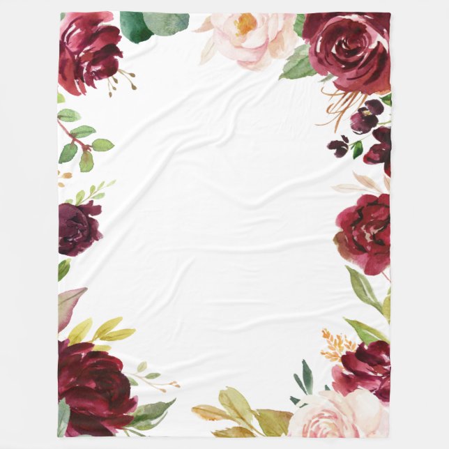 Burgundy Red Blush Floral Fleece Blanket (Front)