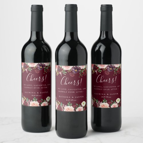 Burgundy Red Blush Floral Frame Wedding Wine Label