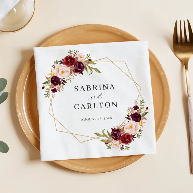 Burgundy Red Blush Floral Geometric Wedding Napkins (Creator Uploaded)