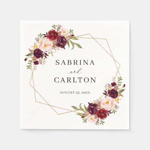 Burgundy Red Blush Floral Geometric Wedding Napkins - Personalize this "Watercolor Burgundy Red Blush Floral Geometric Wedding Napkin" to add a special touch. This high-quality design is easy to customize to be uniquely yours! 
(1) For further customization, please click the "Customize" button and use our design tool to modify this template. 
(2) If you need help or matching items, please contact me.
