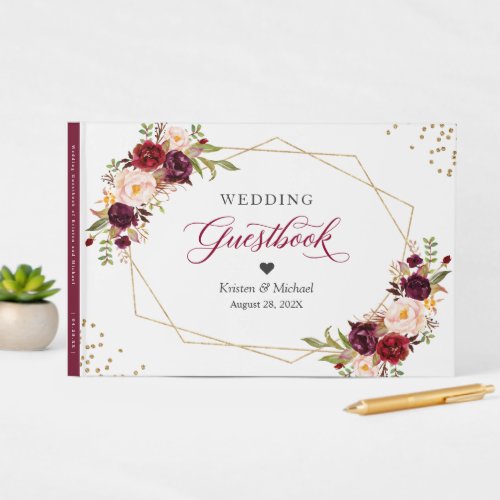 Burgundy Red Blush Floral Gold Geometric Wedding Guest Book - Customize this "Burgundy Red Blush Floral Gold Geometric Wedding Guestbook" to add a special touch. It's easy to personalize to match your wedding colors, styles and theme. For further customization, please click the "Customize" button and use our design tool to modify this template.