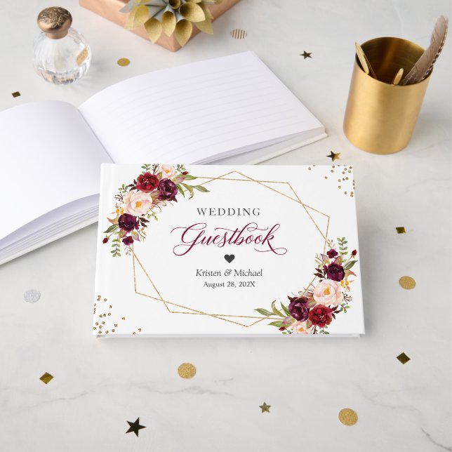 Burgundy Red Blush Floral Gold Geometric Wedding Guest Book (Front Open)