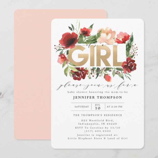 Burgundy Red Blush Floral Gold Glitter Baby Shower Invitation (Front/Back)