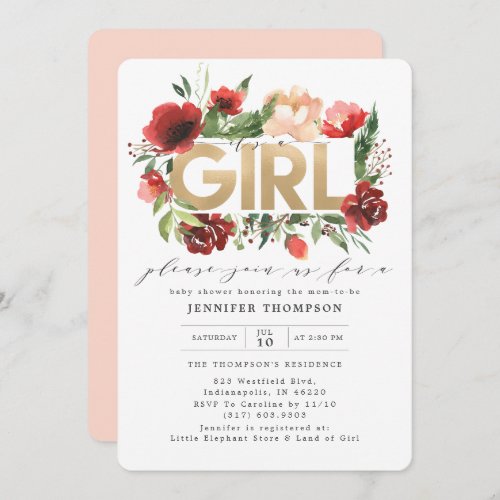 Burgundy Red Blush Floral Gold Glitter Baby Shower Invitation