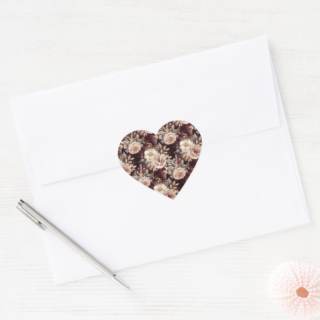 Burgundy Red Blush Floral Heart Sticker (Envelope)
