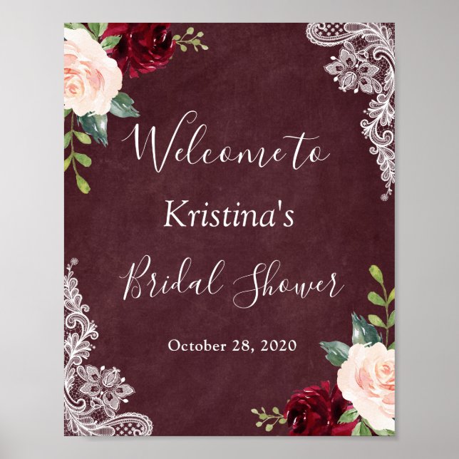 Burgundy Red Blush Floral Lace Bridal Shower Sign (Front)