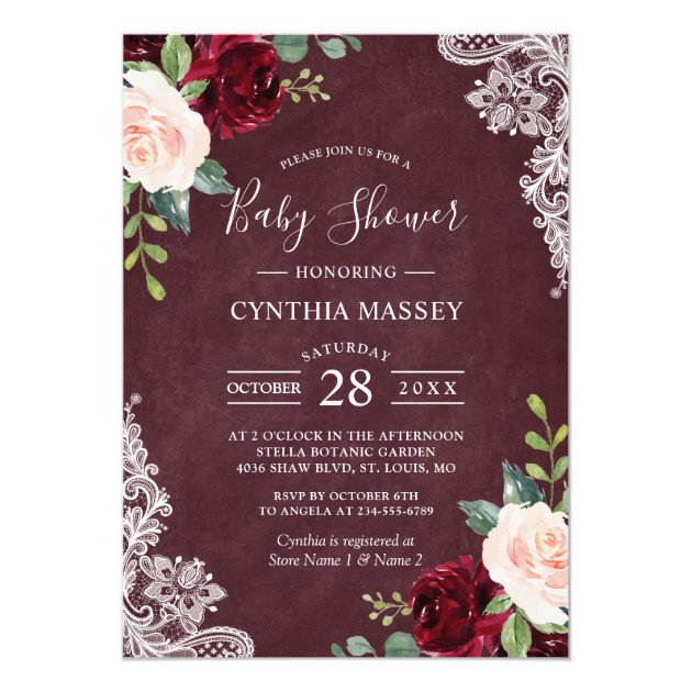 Burgundy Red Blush Floral Lace Girl Baby Shower Invitation