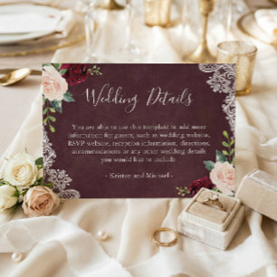 Burgundy Red Blush Floral Lace Wedding Details Enclosure Card