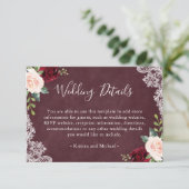 Burgundy Red Blush Floral Lace Wedding Details Enclosure Card (Standing Front)