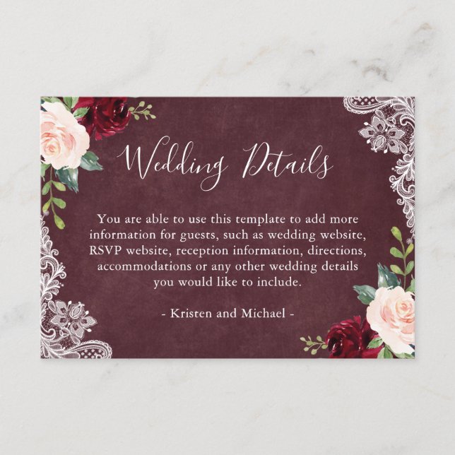 Burgundy Red Blush Floral Lace Wedding Details Enclosure Card (Front)