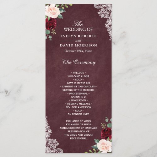 Burgundy Red Blush Floral Lace Wedding Program