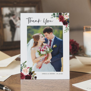 Burgundy Red Blush Floral Modern Wedding 2 Photo Thank You Card