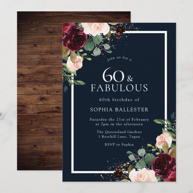 Burgundy Red Blush Floral Navy 60th Birthday Party Invitation (Front/Back)