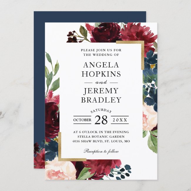 Burgundy Red Blush Floral Navy Blue Gold Wedding Invitation