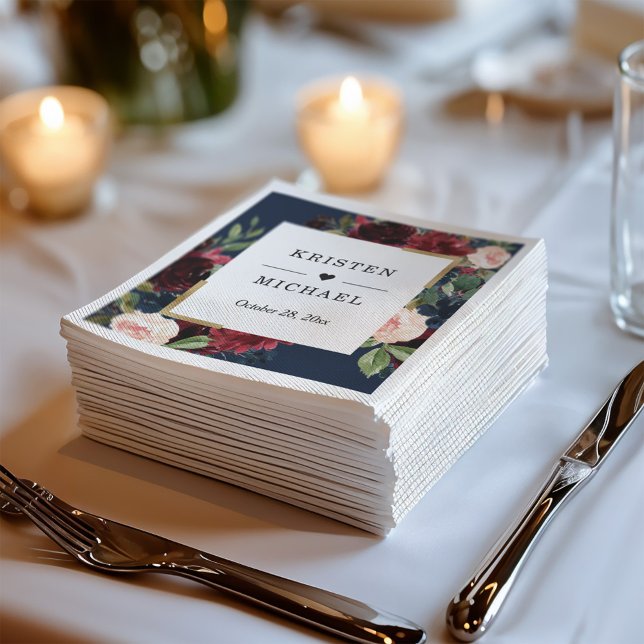 Burgundy Red Blush Floral Navy Blue Wedding Napkins (Creator Uploaded)