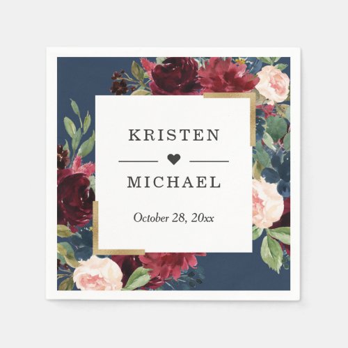 Burgundy Red Blush Floral Navy Blue Wedding Napkins