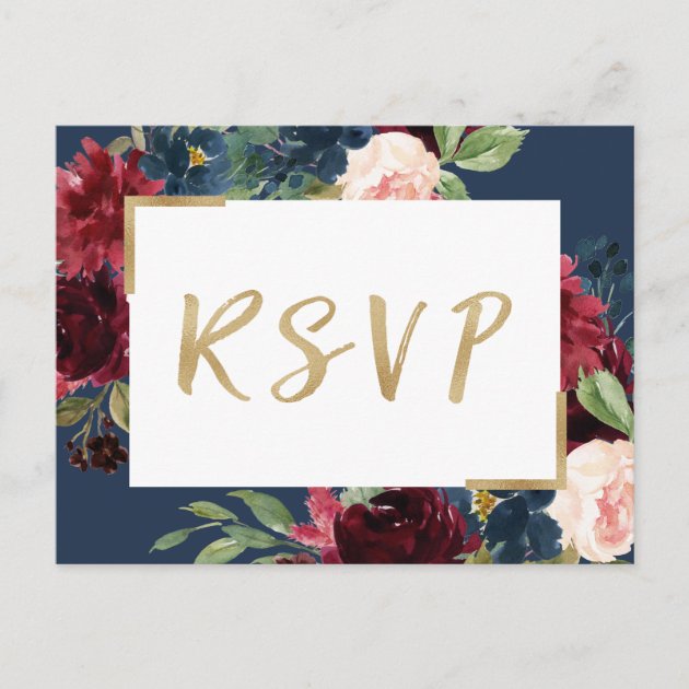 Burgundy Red Blush Floral Navy Blue Wedding RSVP Invitation Postcard