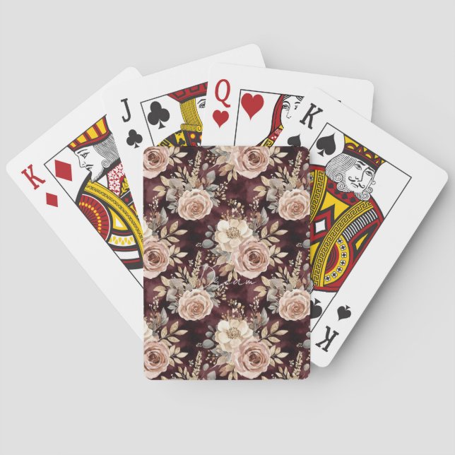 Burgundy Red Blush Floral Poker Cards (Back)
