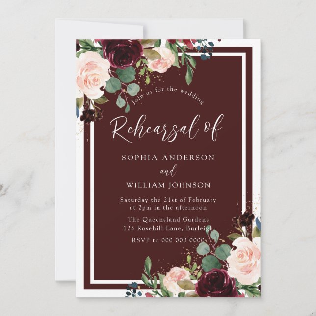 Burgundy Red & Blush Floral Rehearsal Dinner Invitation (Front)