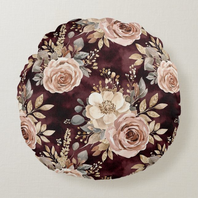 Burgundy Red Blush Floral Round Pillow (Front)