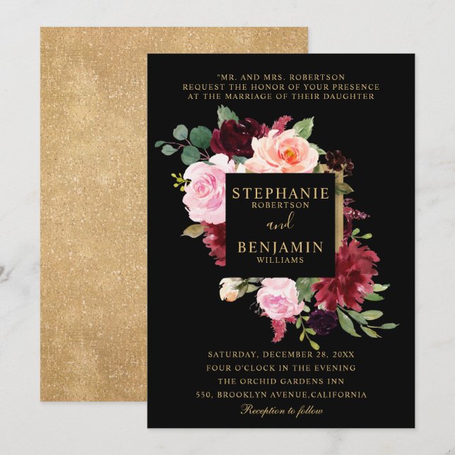 Burgundy Red Blush Floral Rustic Boho Wedding Invitation (Front/Back)