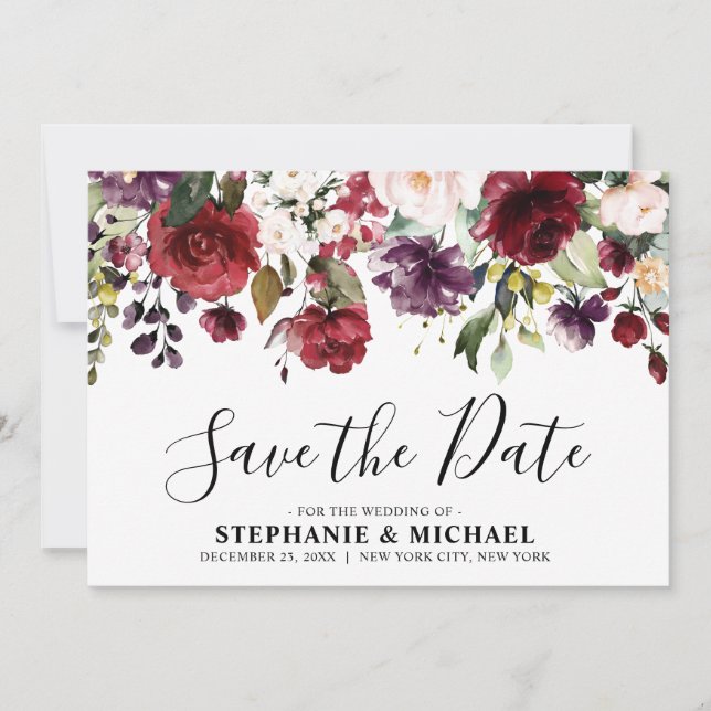 Burgundy Red blush Floral Rustic Save the Date (Front)
