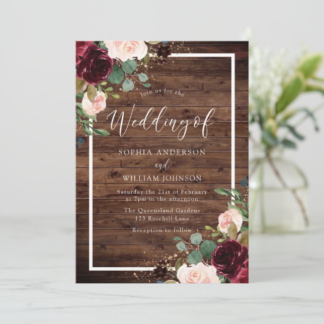 Burgundy Red & Blush Floral Rustic Wood Wedding Invitation (Standing Front)