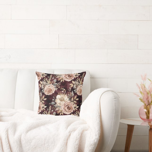 Burgundy Red Blush Floral Throw Pillow (Couch)