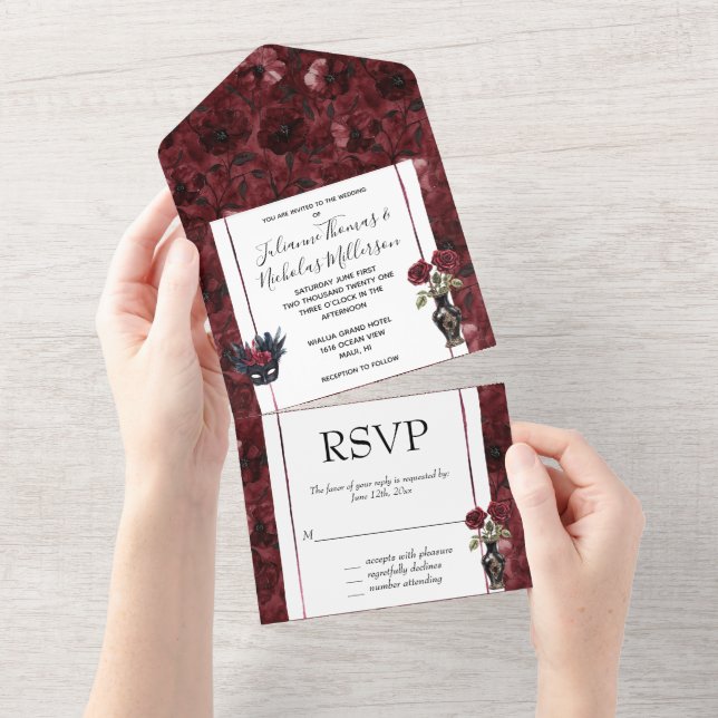 Burgundy Red Blush Floral Wedding All In One Invitation (Tearaway)