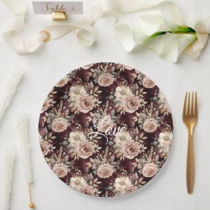 Burgundy Red Blush Floral Wedding Paper Plates