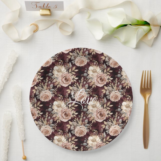 Burgundy Red Blush Floral Wedding Paper Plates (Wedding)
