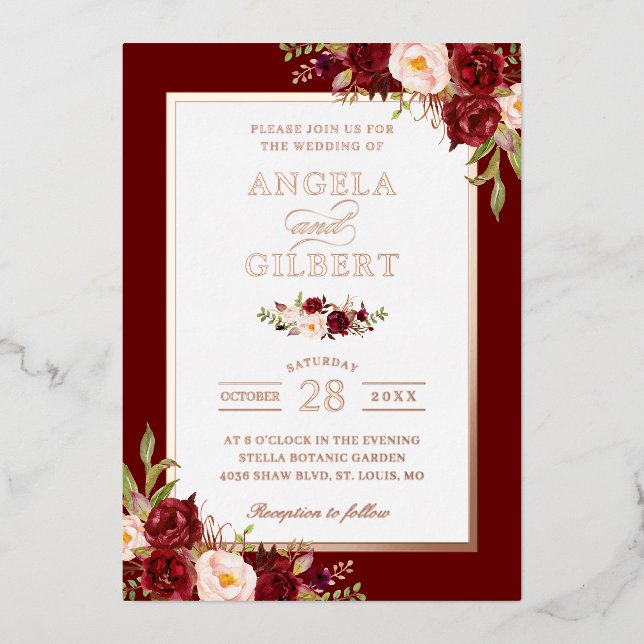 Burgundy Red Blush Floral Wedding Rose Gold Foil Invitation (Front)