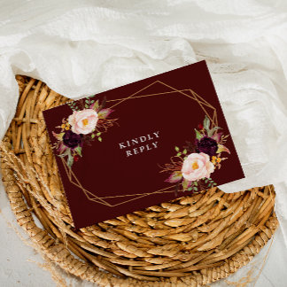 Burgundy red & blush floral wedding RSVP Postcard