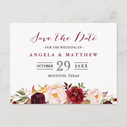 Burgundy Red Blush Floral Wedding Save the Date Postcard