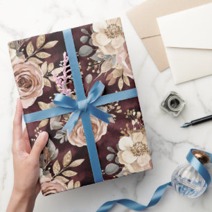 Burgundy Red Blush Floral Wedding Wrapping Paper