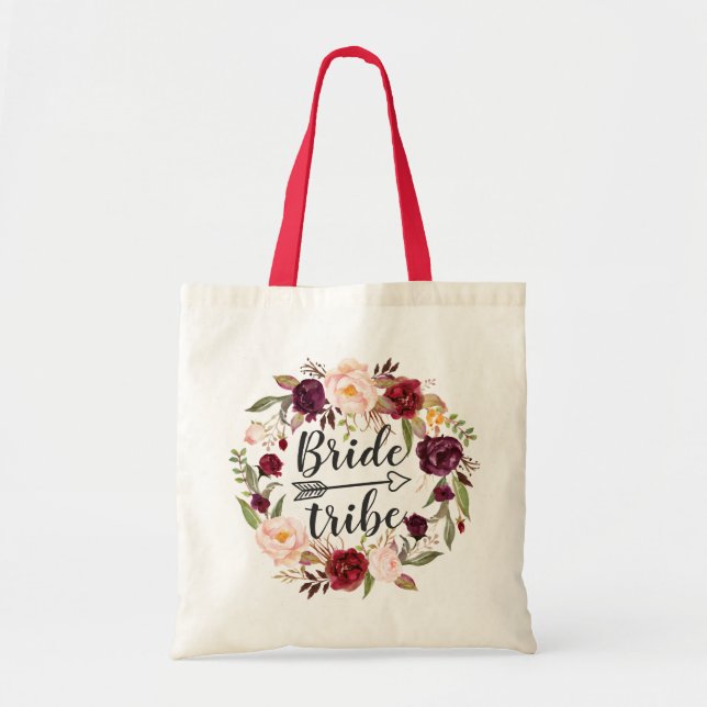 Burgundy Red Blush Floral Wreath Bride Tribe Tote Bag (Front)