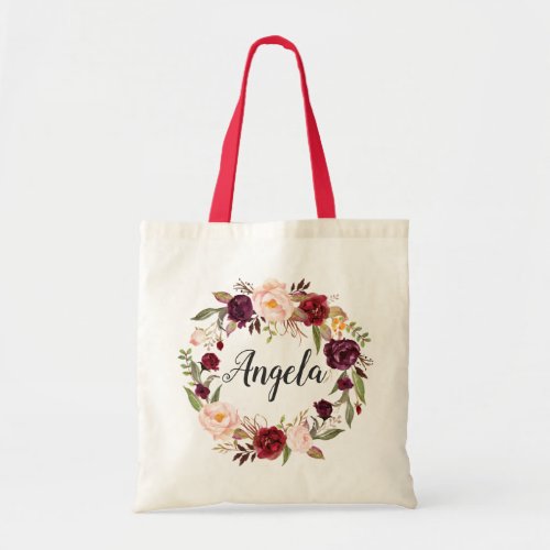 Burgundy Red Blush Floral Wreath Bridesmaid Tote Bag