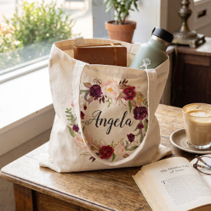 Burgundy Red Blush Floral Wreath Bridesmaid Tote Bag