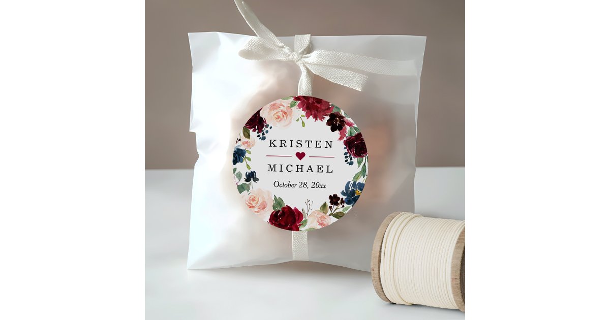 Burgundy Red Blush Floral Wreath Wedding Favor Classic Round Sticker ...