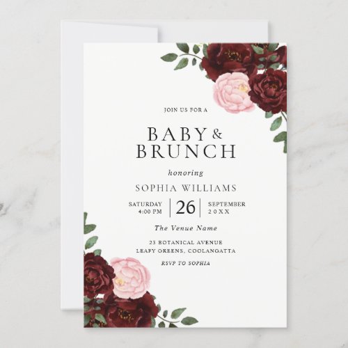 Burgundy Red  Blush Flowers Baby Shower Invitation