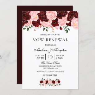 Burgundy Red Blush Flowers Vow Renewal Invite