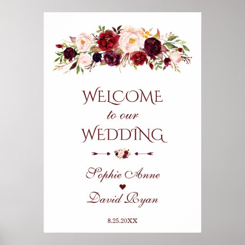Burgundy Red Blush Flowers Welcome Wedding Sign