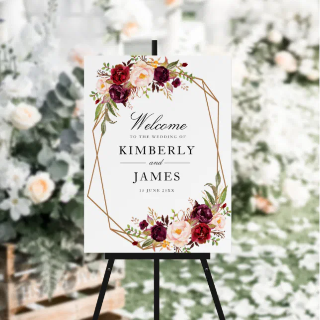 Burgundy red & blush geometric wedding sign | Zazzle