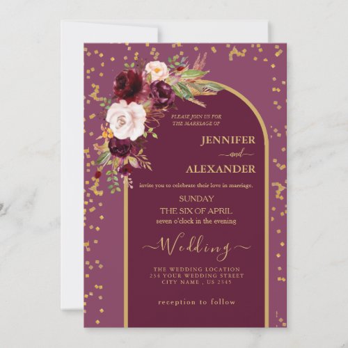 burgundy Red Blush  Gold frame modern Wedding  Invitation