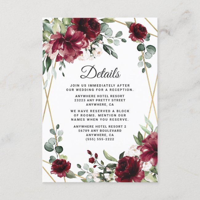 Burgundy Red Blush Gold Geometric Greenery Wedding Enclosure Card