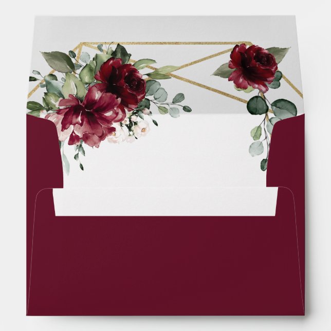 Burgundy Red Blush Gold Geometric Greenery Wedding Envelope (Back (Bottom))