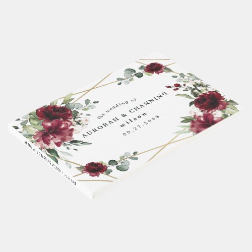 Burgundy Red Blush Gold Geometric Greenery Wedding Guest Book - Design features a printed gold colored geometric frame with floral elements in shades of burgundy, red and blush over greenery, eucalyptus and flower blooms.