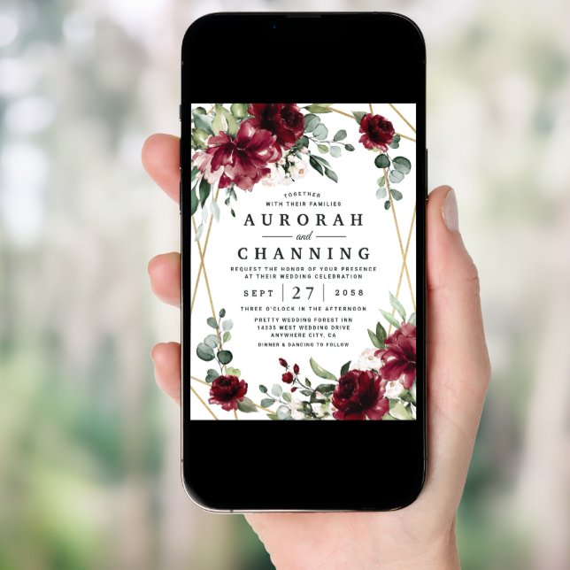 Burgundy Red Blush Gold Geometric Greenery Wedding Invitation (Front Digital)