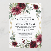 Burgundy Red Blush Gold Geometric Greenery Wedding Invitation