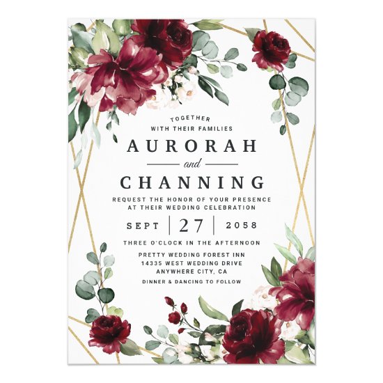 Burgundy Red Blush Gold Geometric Greenery Wedding Invitation